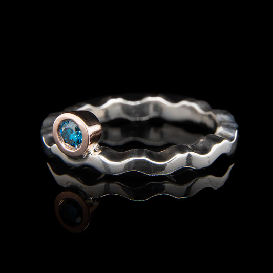 Surf Wave Ring with Blue Diamond in Sterling Silver