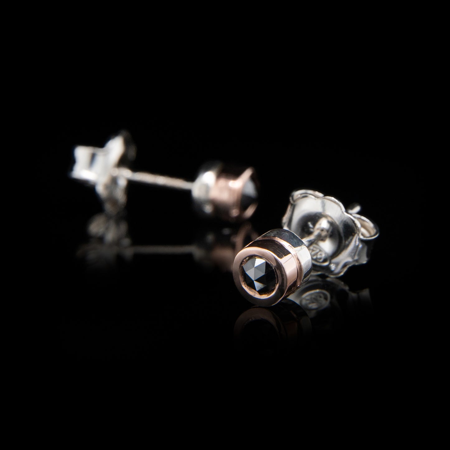 Black Diamond Stud Earrings with Rose Gold Edge in Sterling Silver