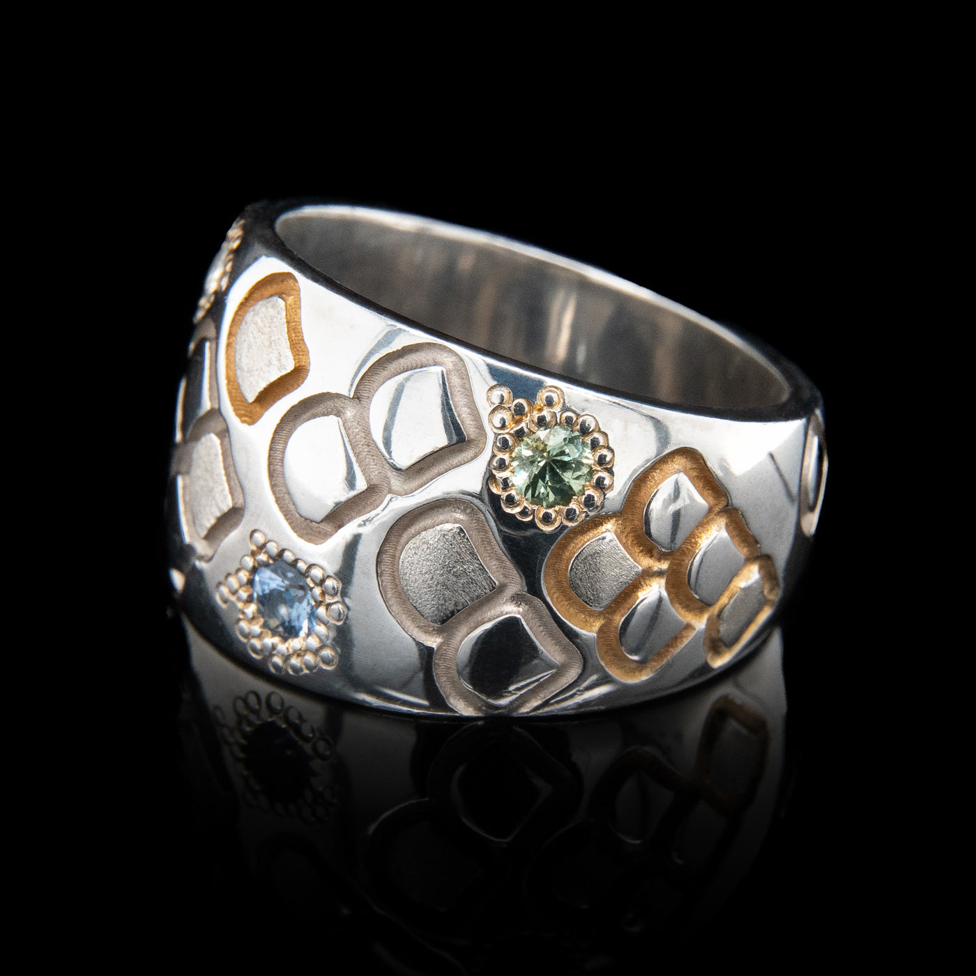 Chunky Engraved Mermaid Scales Ring with Blue & Green Sapphires