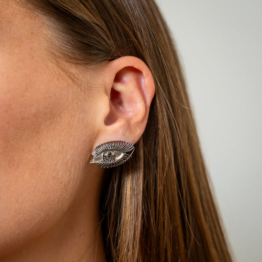 Once In A Lifetime Eye Stud Earrings In Silver with Black Diamonds
