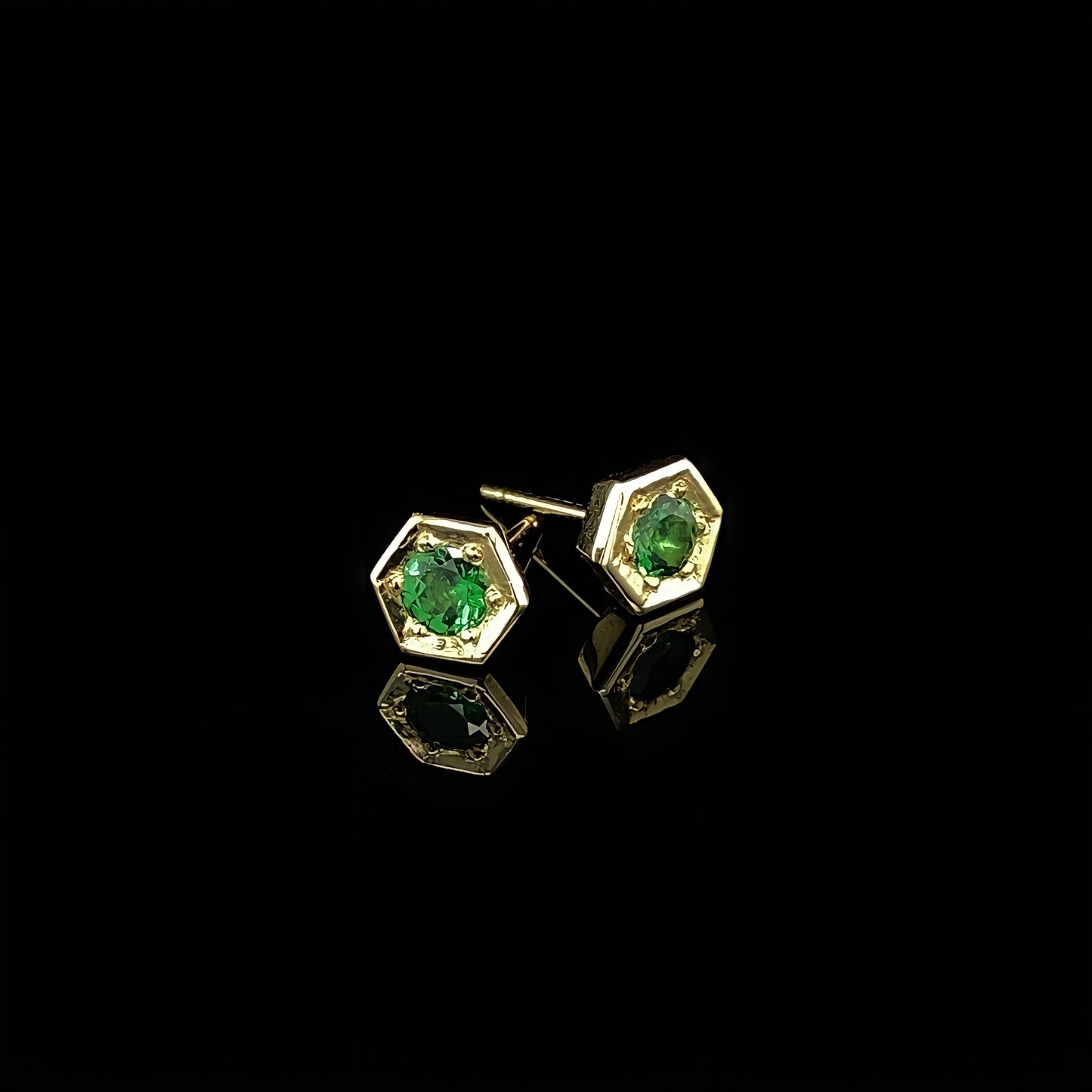 Tsavorite Hex Studs in Yellow Gold