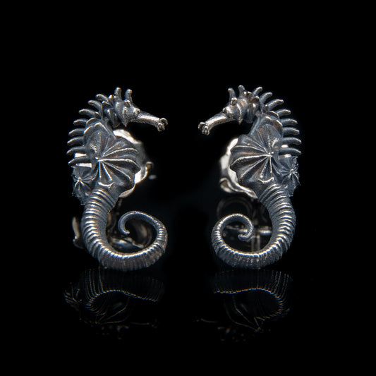 Oxidised Seahorse Studs in Sterling Silver