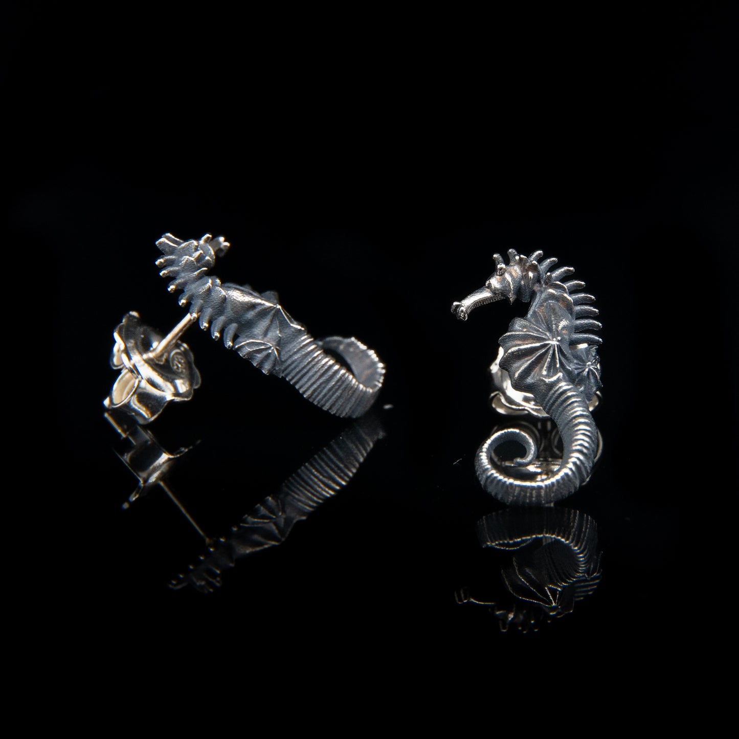 Oxidised Seahorse Studs in Sterling Silver