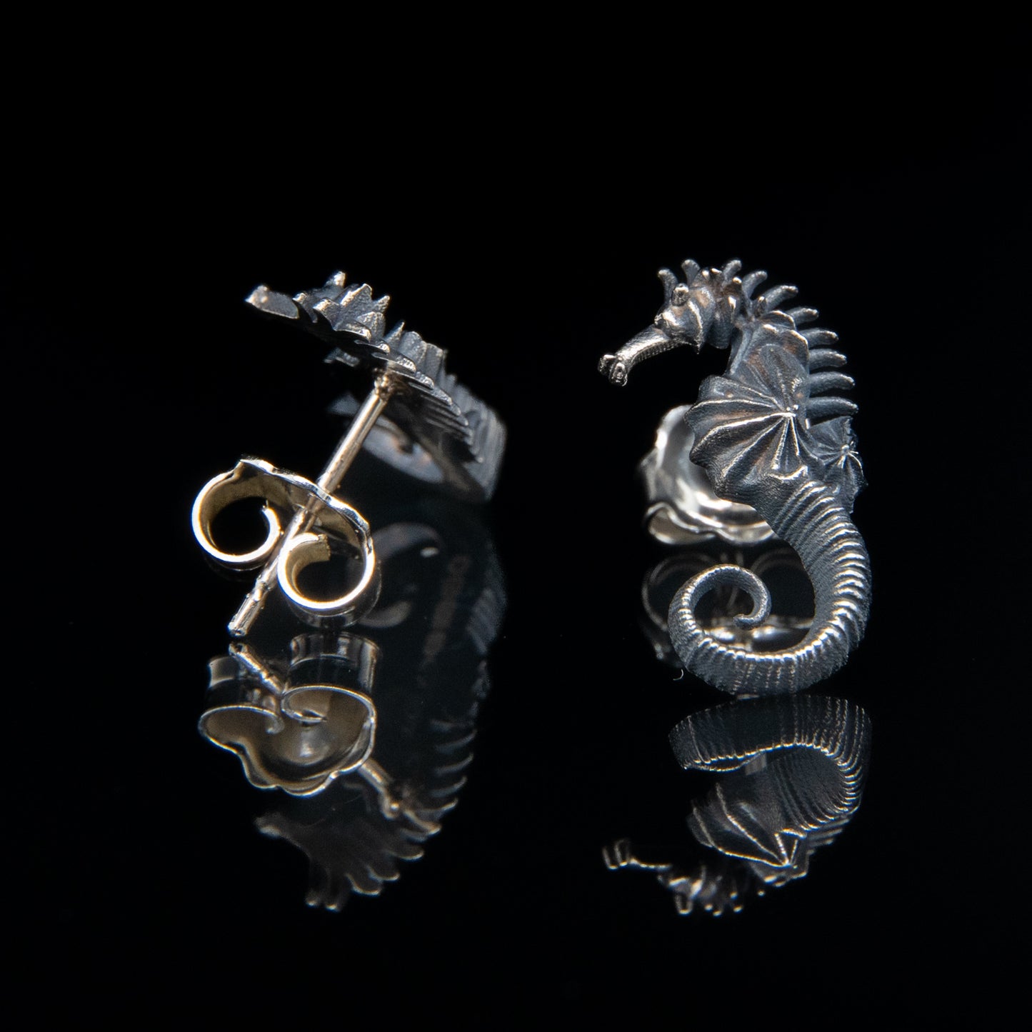 Oxidised Seahorse Studs in Sterling Silver