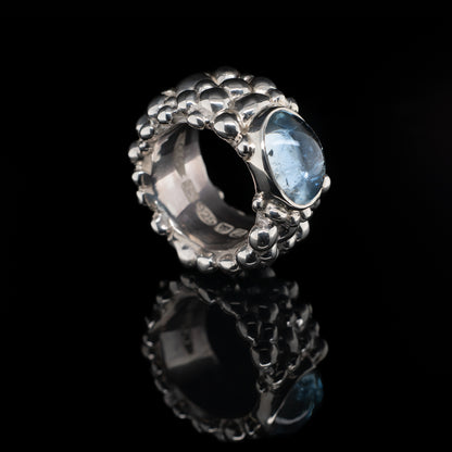 Chunky Sterling Silver Bubble Ring with Aquamarine Cabochons