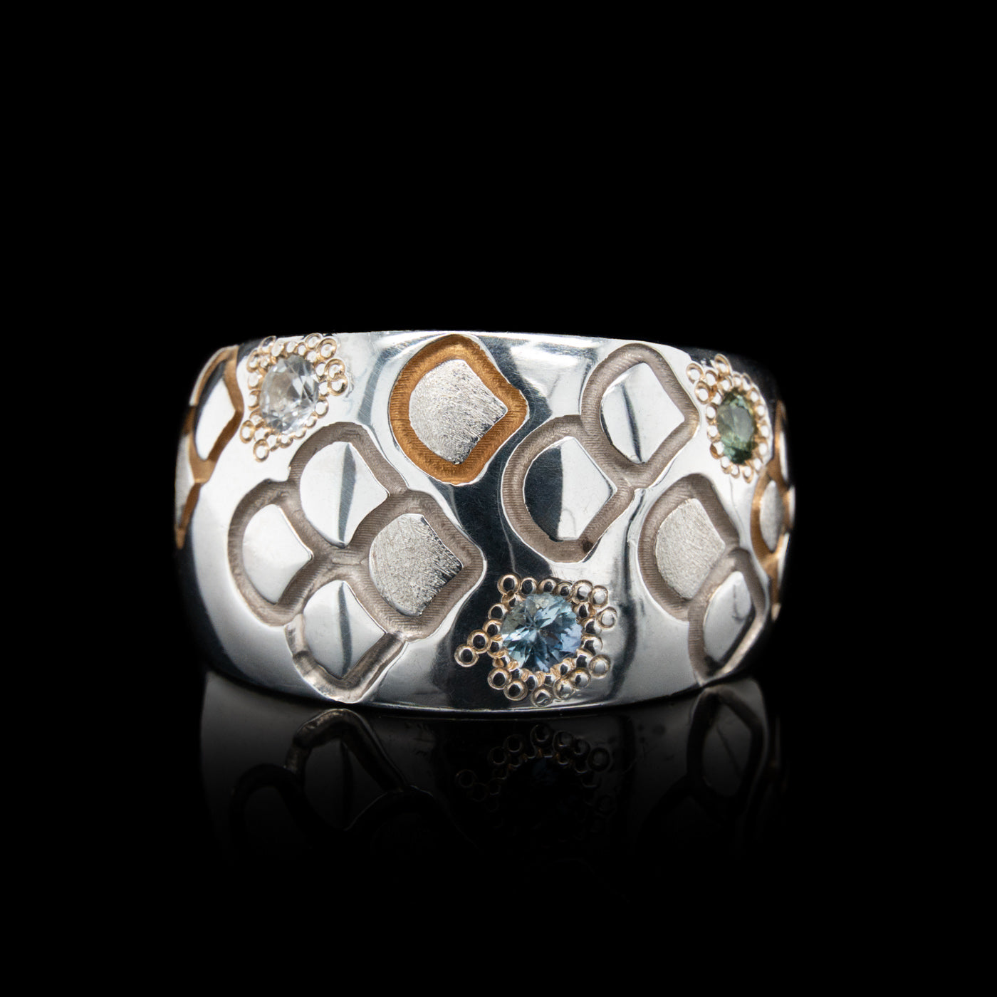 Chunky Engraved Mermaid Scales Ring with Blue & Green Sapphires