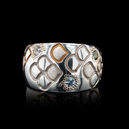Chunky Engraved Mermaid Scales Ring with Blue & Green Sapphires