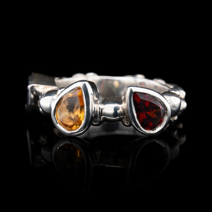 Red & Orange Garnet Silver Bubble Ring