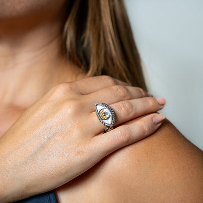 A Vision Etched In Starlight Full Eye Statement Ring in Silver with Gold Iris