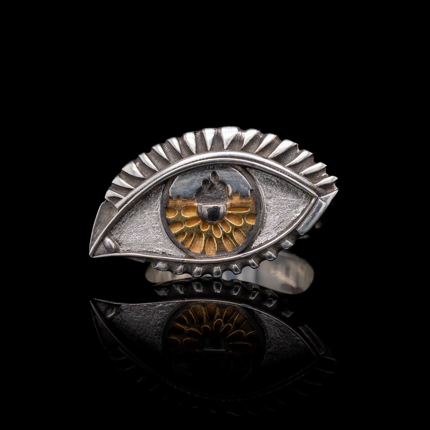 A Vision Etched In Starlight Full Eye Statement Ring in Silver with Gold Iris