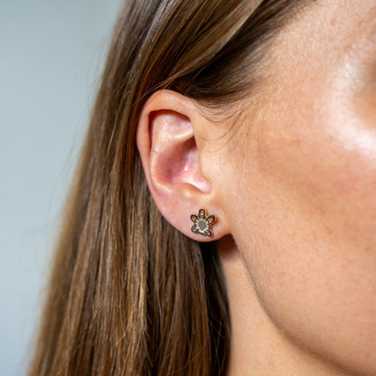 Close-up of an ear wearing a everyman hand earring with a light background