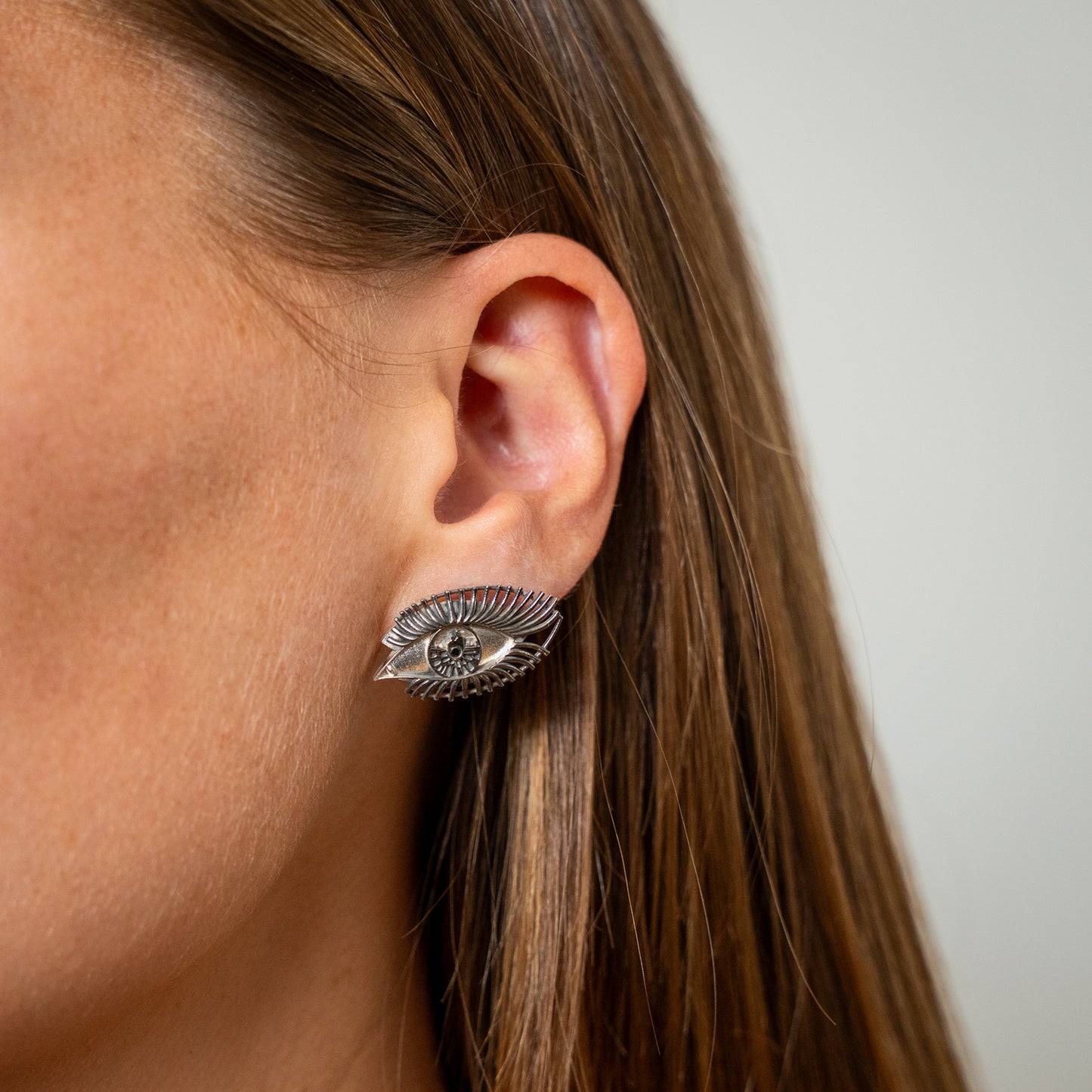 Once In A Lifetime Eye Stud Earrings In Silver with Black Diamonds