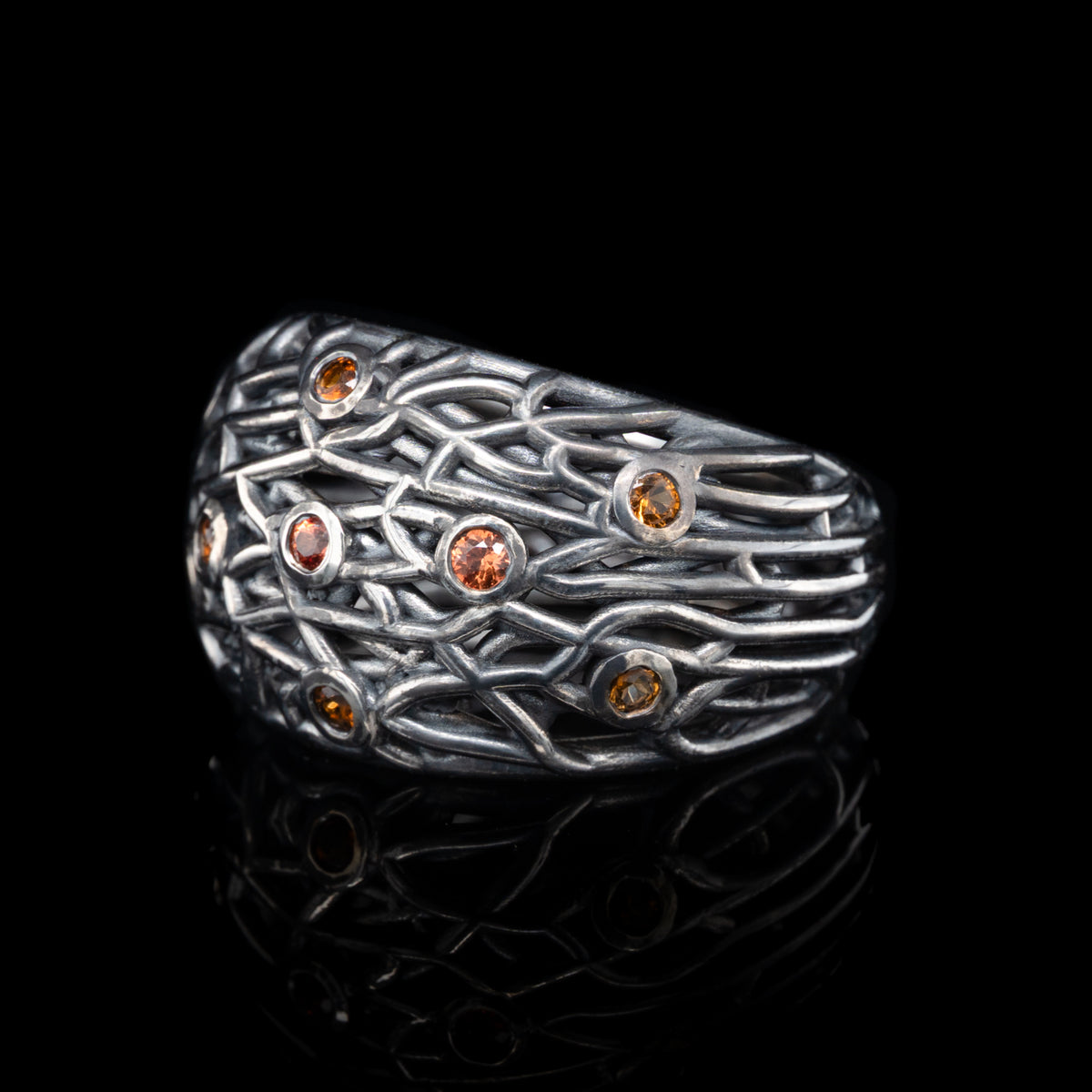 Domed Open Skeleton Ring with Orange Sapphires