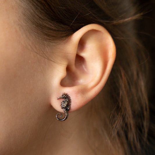 Oxidised Seahorse Studs in Sterling Silver